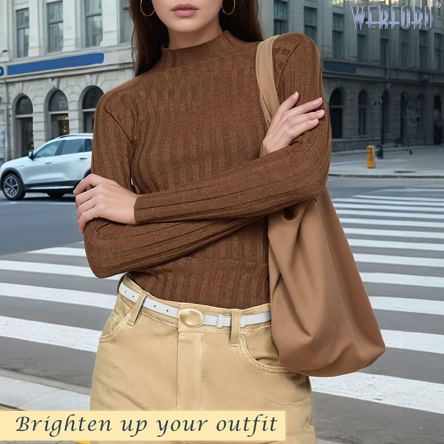 WERFORU Women Skinny Faux Leather Belt Gold Buckle 0.7" Width Size 36-42"