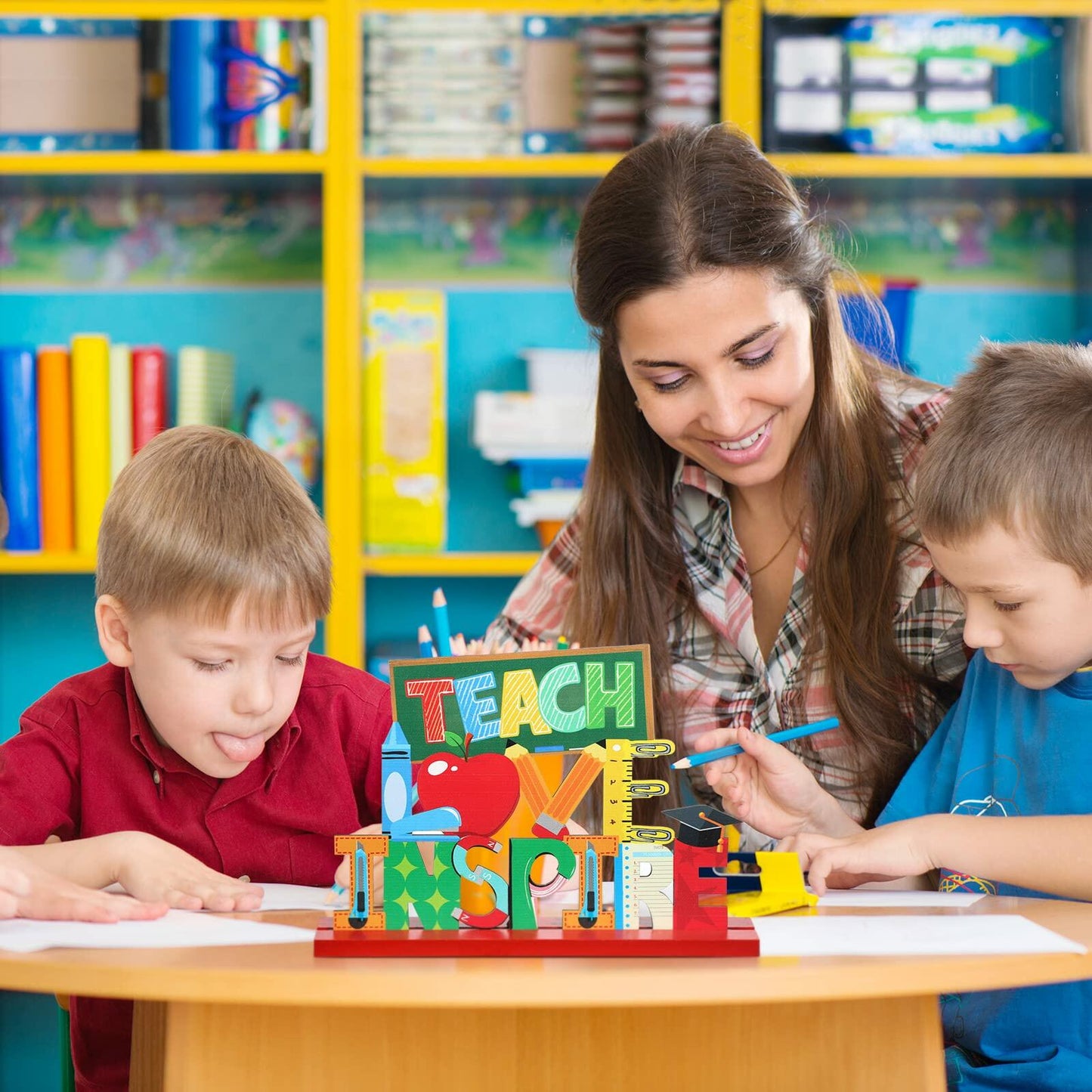 Amyhill 4 Pcs Teacher Appreciation Wooden Table Centerpieces Decorations