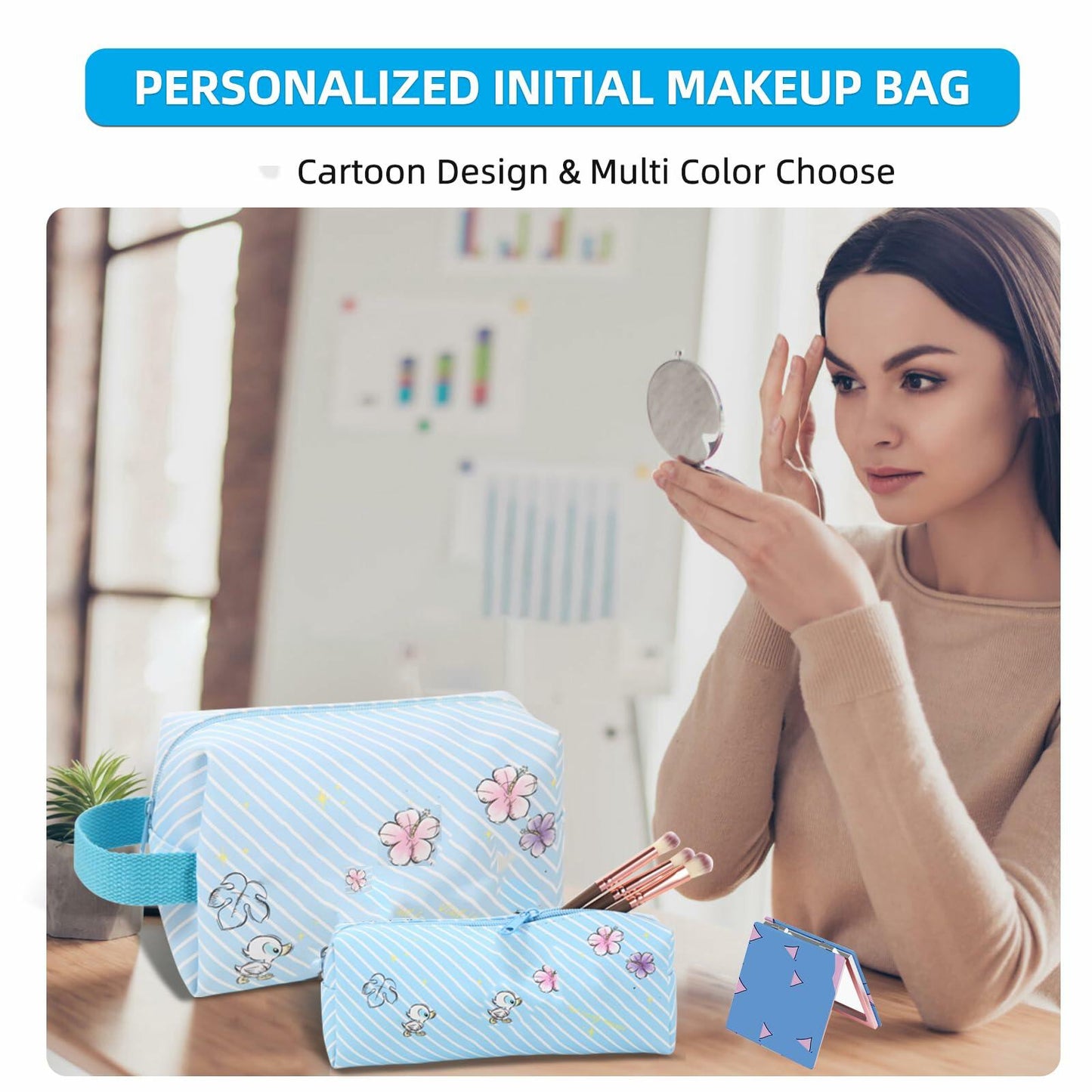 LOYEJEGL Travel Cosmetic Bag with Double Sided Mirror & Brush Bag Blue