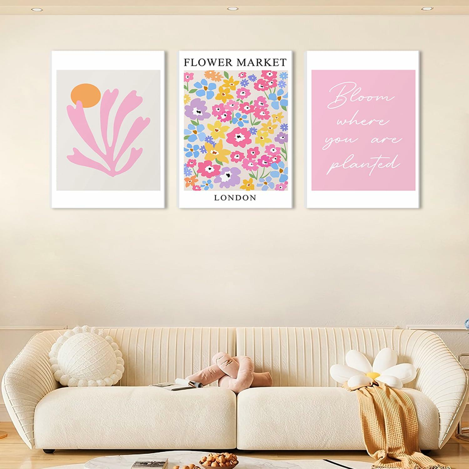 NOSUO Pink Wall Art Set of 3 Matisse Flowers Vintage Canvas 12x16 Inch Framed