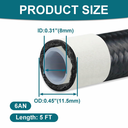 VWTNI 6AN PTFE Nylon Braided Fuel Line Hose 5FT E85 Compatible