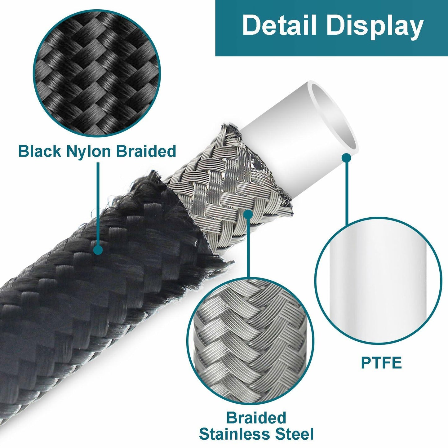 VWTNI 6AN PTFE Nylon Braided Fuel Line Hose 5FT E85 Compatible