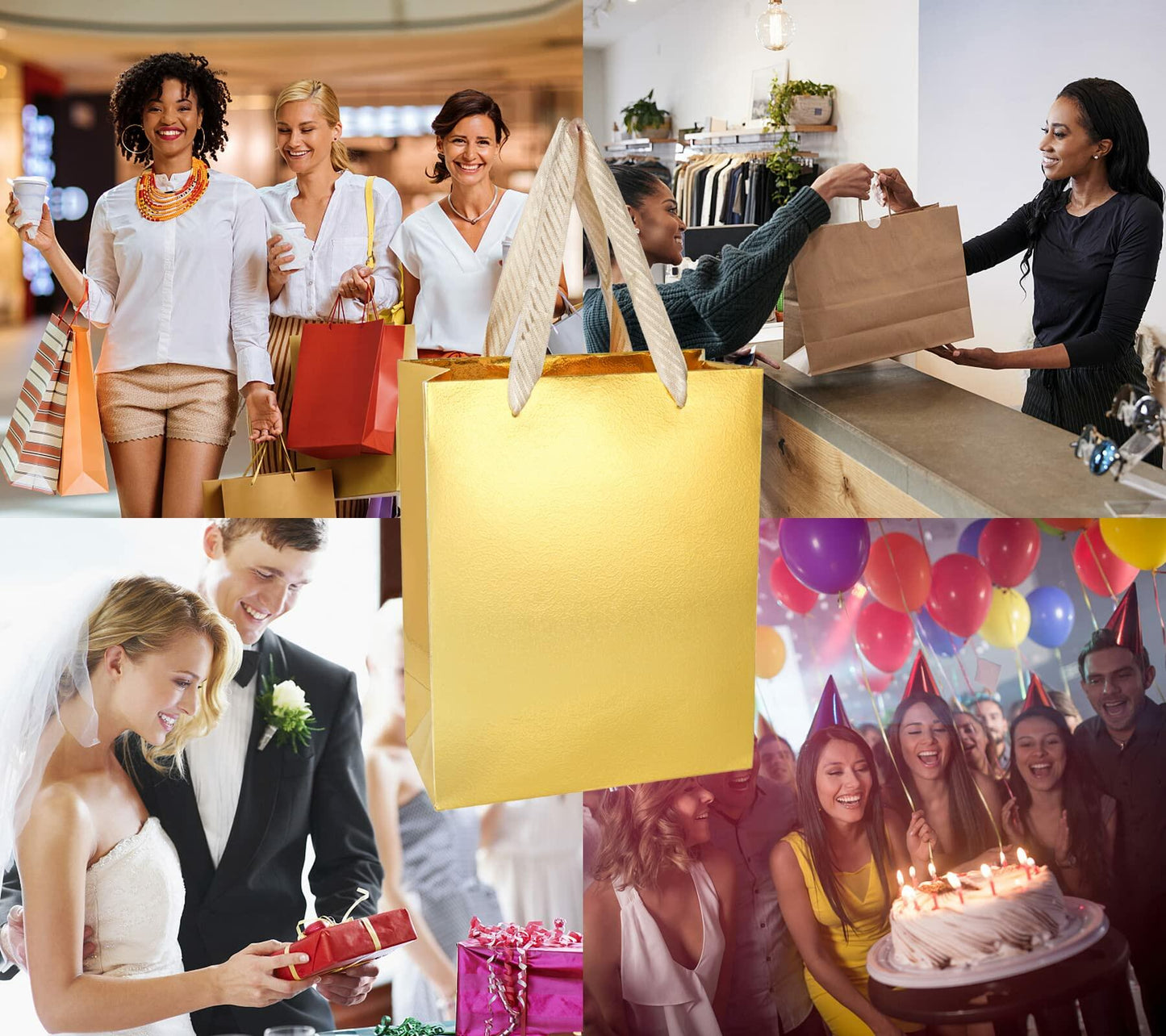 UnicoPak Gold Gift Bags 8x4x10in Glossy Embossed Medium 20 Pack