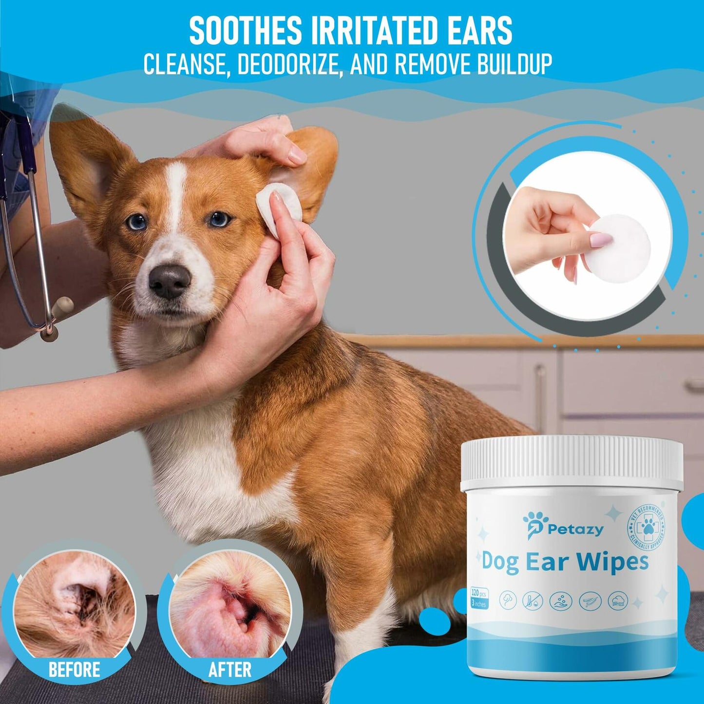 BestBy06/27 Petazy Dog Ear Wipes Unscented Natural Soothing 120 XL Pcs