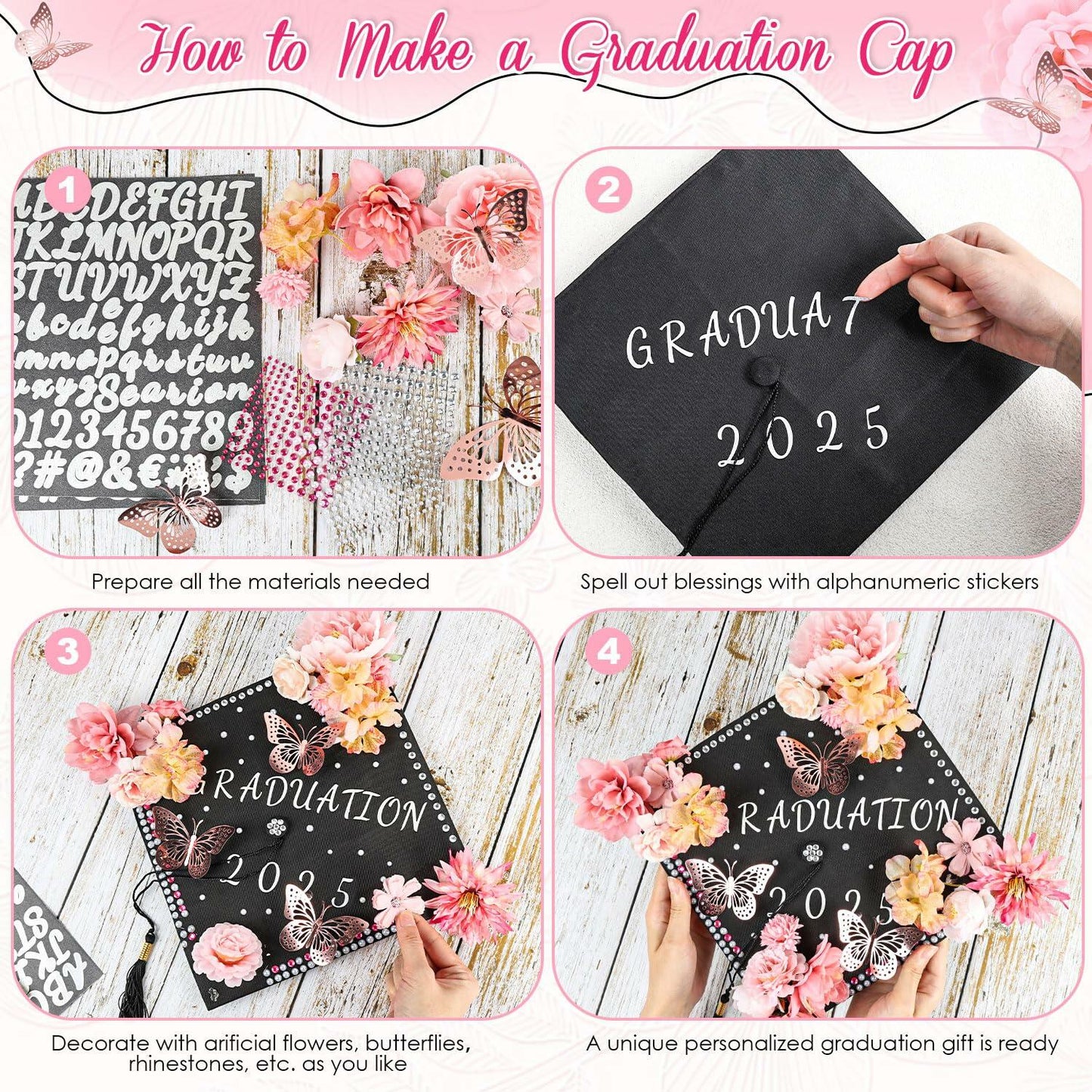 Kimkusia 2025 Graduation Cap Decorations Kit Pink Letters Flowers Topper
