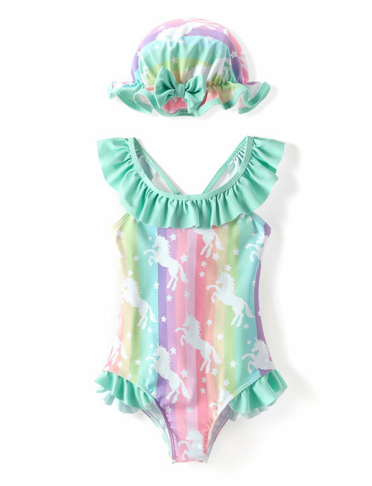 PATPAT Baby Girl Unicorn Ruffle One Piece Swimsuit Aqua Green Size 3-6M