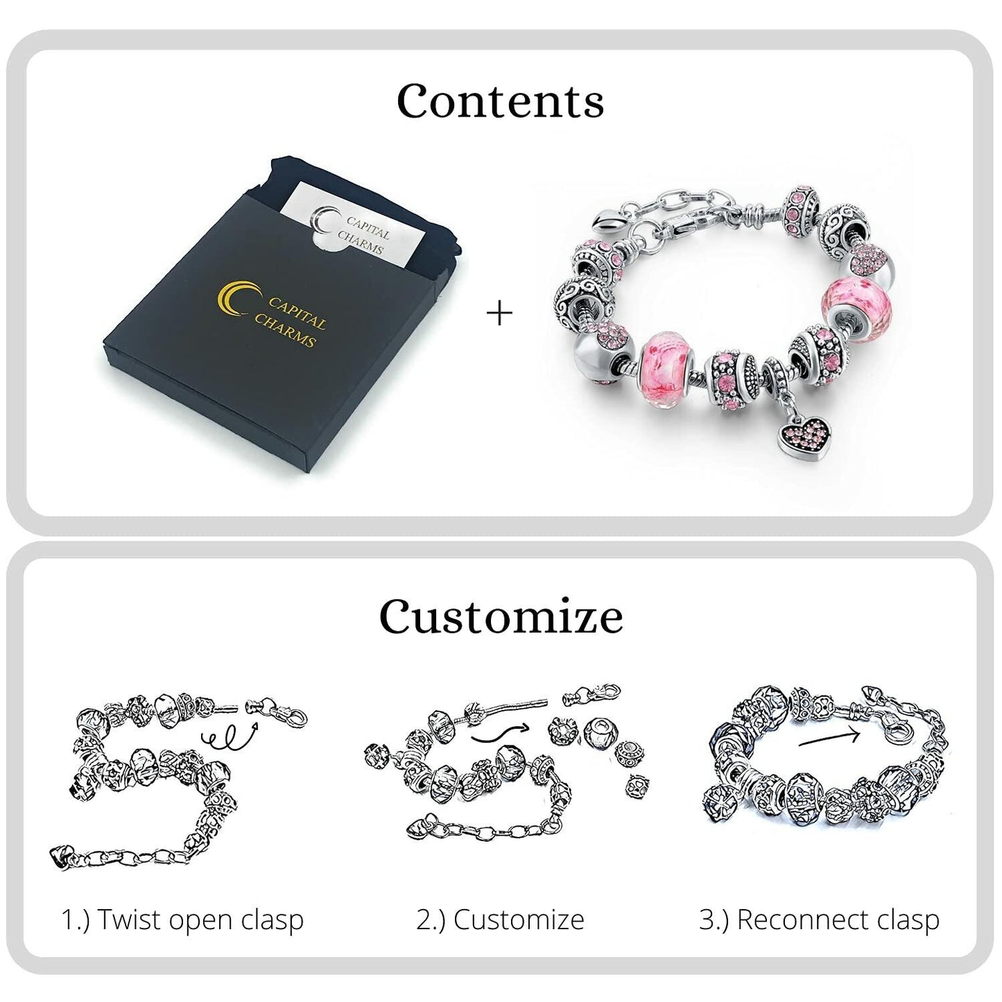 Sowist Capital Charms Silver Plated Pink Hearts Charm Bracelet Set 7.5+1.5"