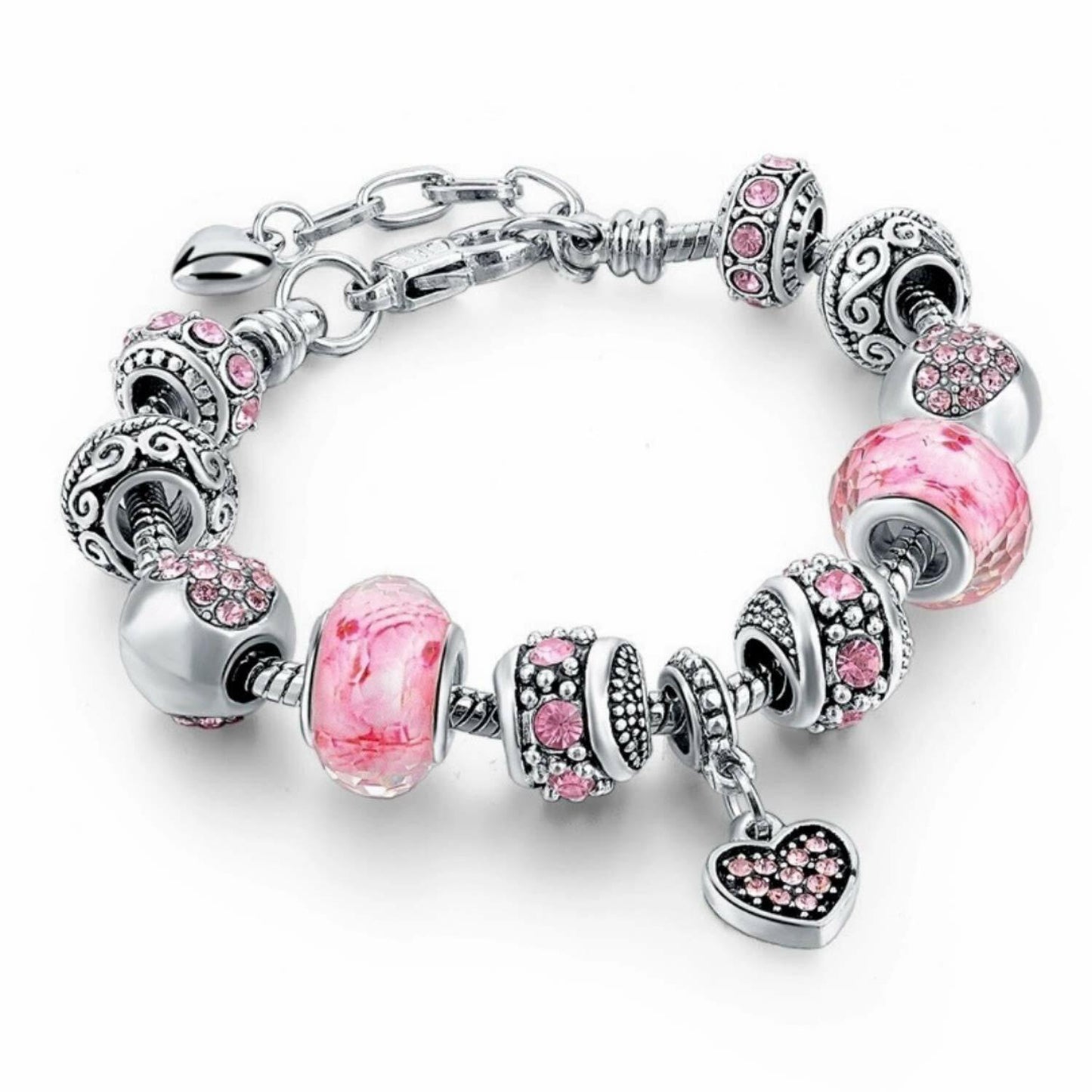 Sowist Capital Charms Silver Plated Pink Hearts Charm Bracelet Set 7.5+1.5"