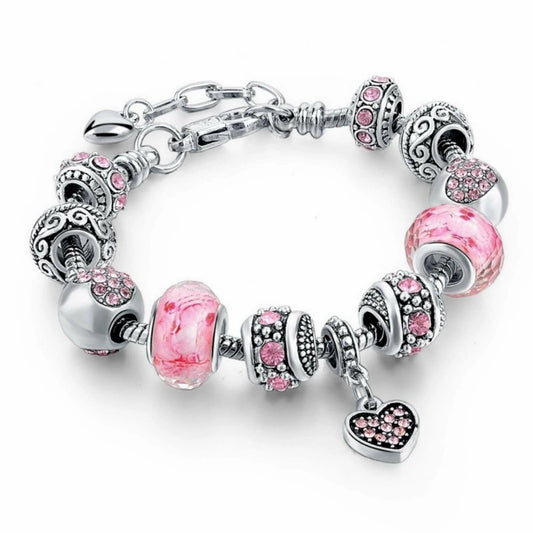 Sowist Capital Charms Silver Plated Pink Hearts Charm Bracelet Set 7.5+1.5"