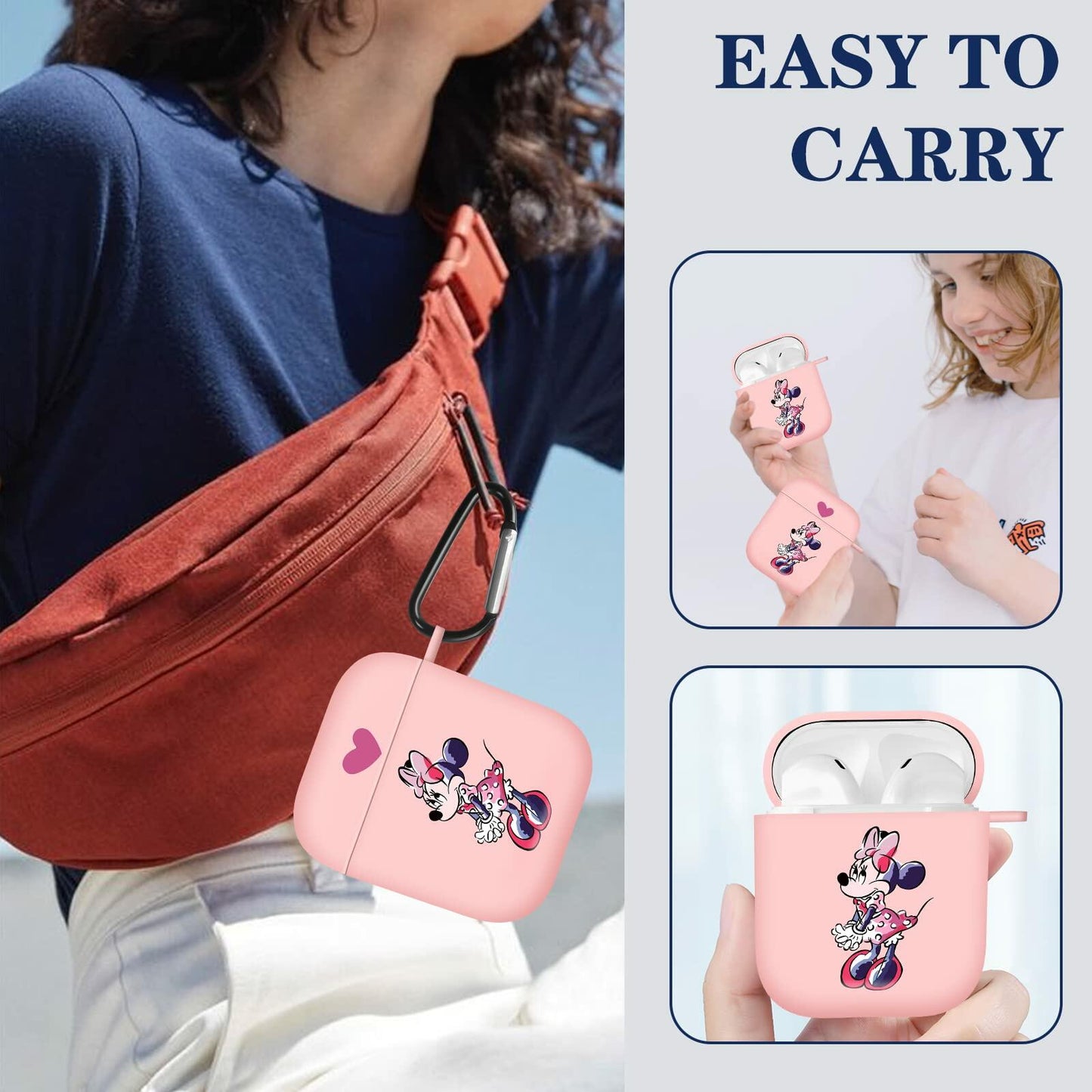 Jowhep Airpod Case 1st & 2nd Gen Pink Cute Cartoon TPU Keychain Shy Mini