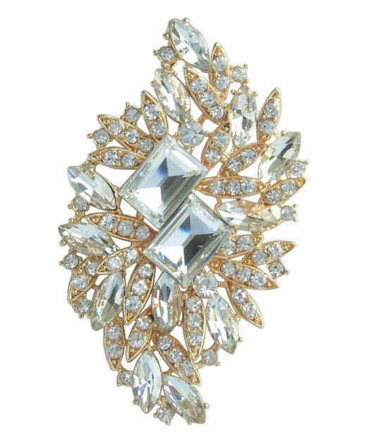 Sindary Austrian Crystal Flower Brooch Pin Gold-Tone Clear 3.94"