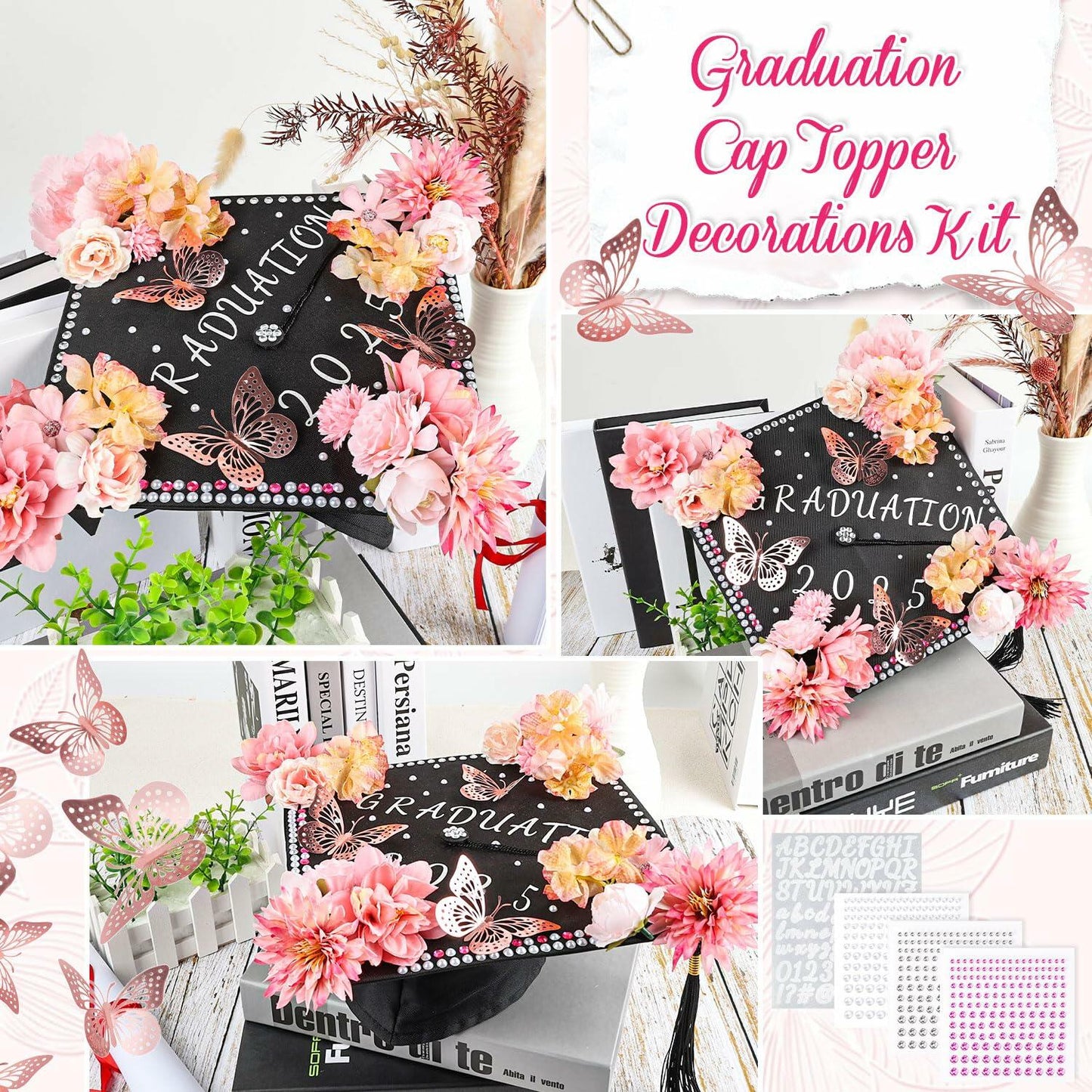 Kimkusia 2025 Graduation Cap Decorations Kit Pink Letters Flowers Topper