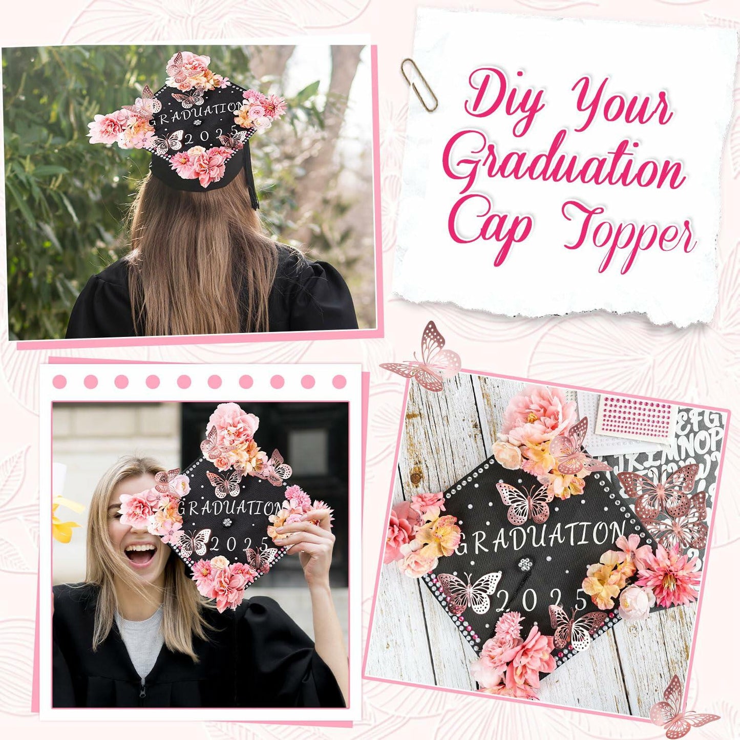 Kimkusia 2025 Graduation Cap Decorations Kit Pink Letters Flowers Topper
