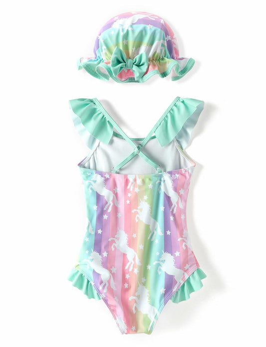 PATPAT Baby Girl Unicorn Ruffle One Piece Swimsuit Aqua Green Size 3-6M