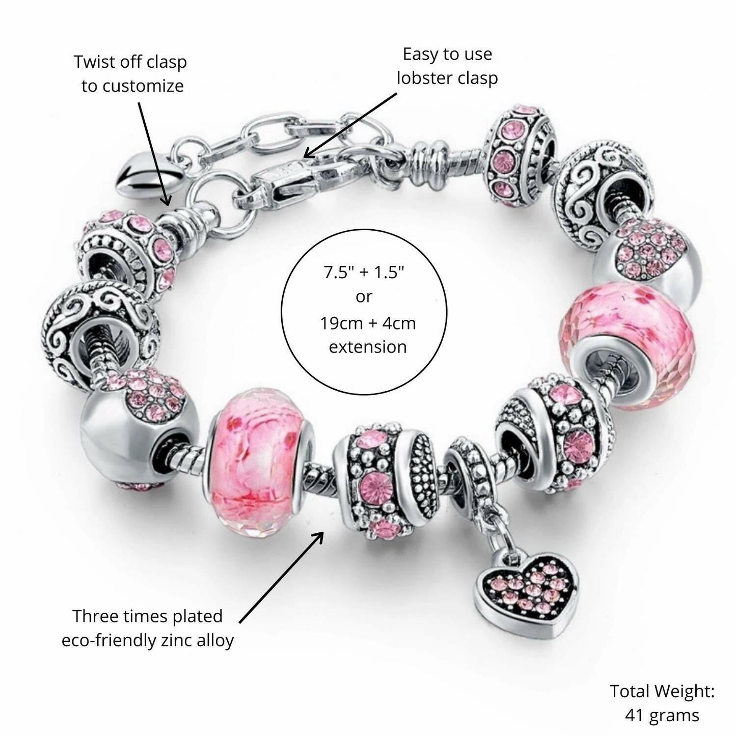 Sowist Capital Charms Silver Plated Pink Hearts Charm Bracelet Set 7.5+1.5"