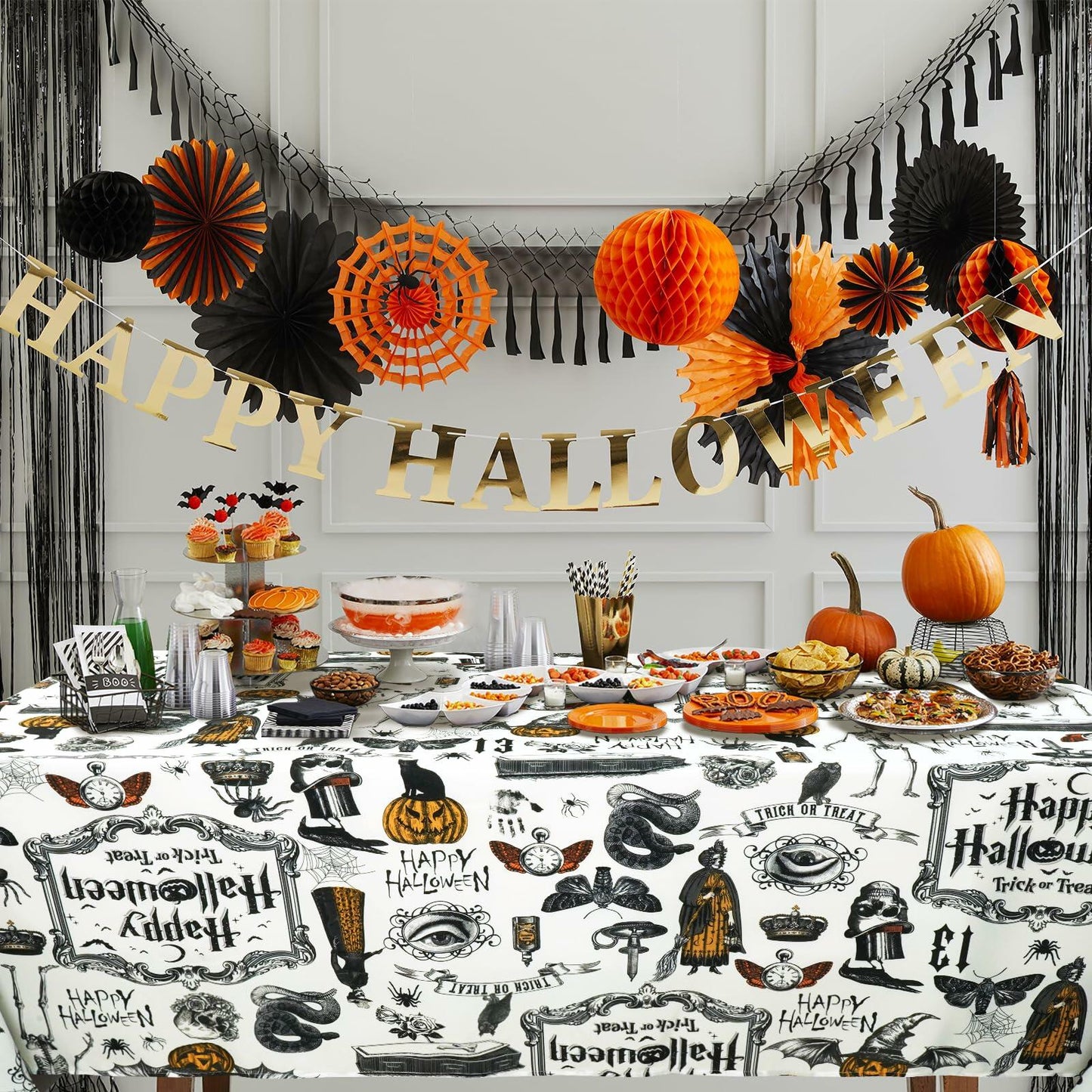 aoselan Halloween Waterproof Tablecloth Skeleton Spider Web 60x102 Inch