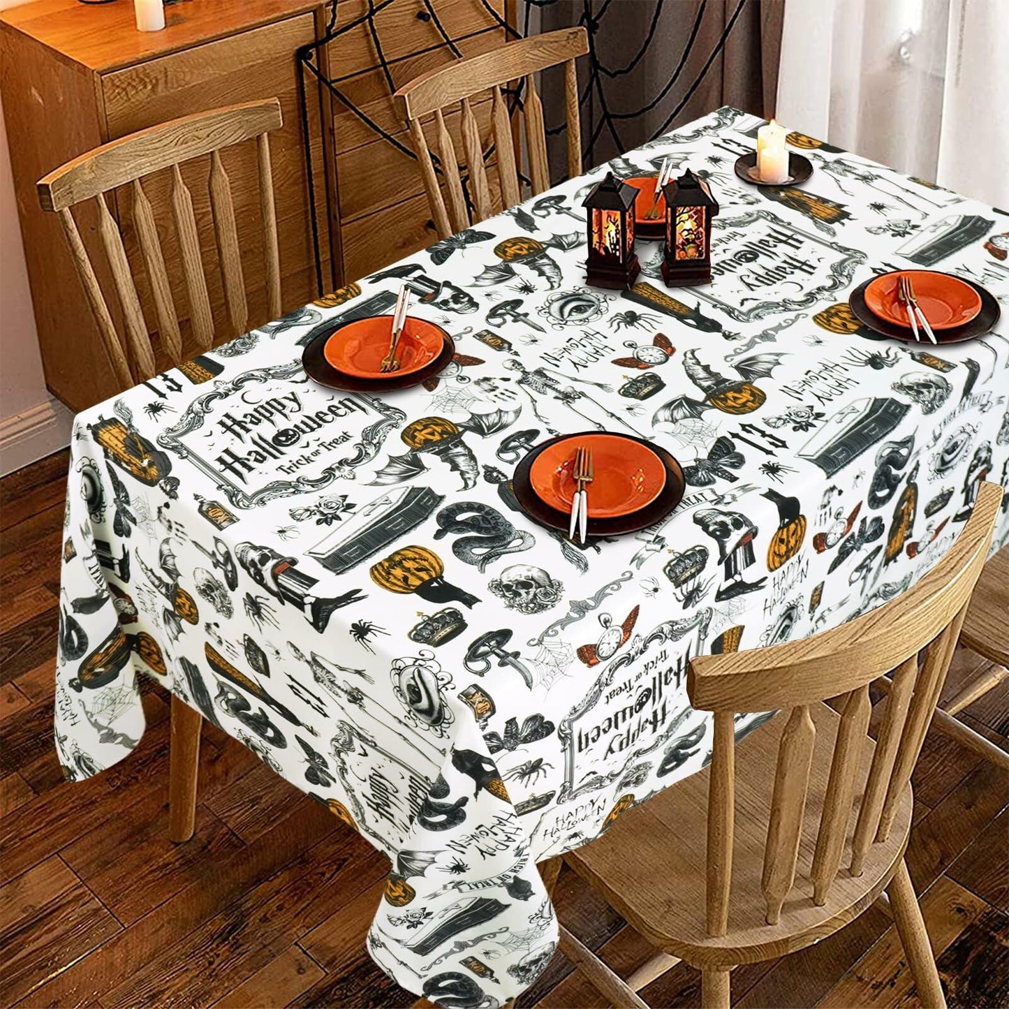aoselan Halloween Waterproof Tablecloth Skeleton Spider Web 60x102 Inch