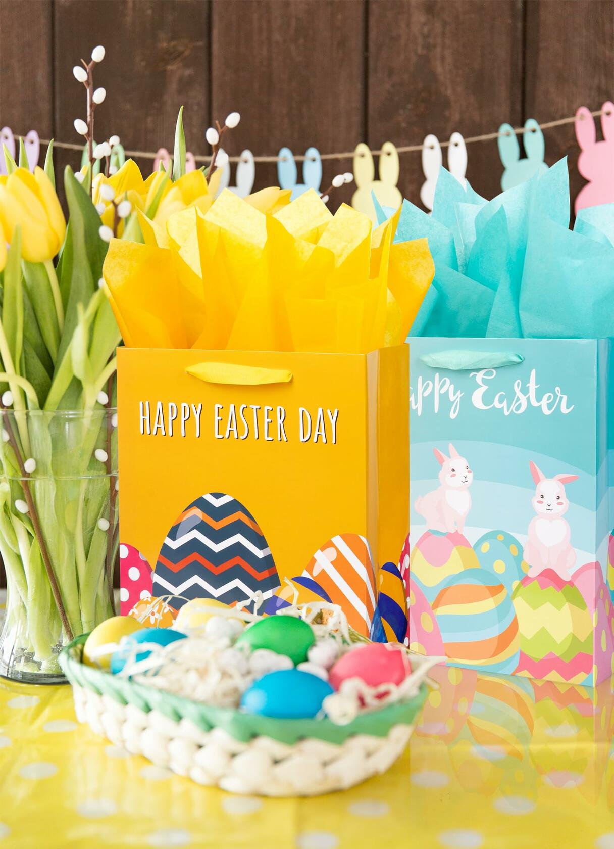 Ranfashiong 2Pcs 12.6" Easter Gift Bags Yellow Green Rabbit Eggs