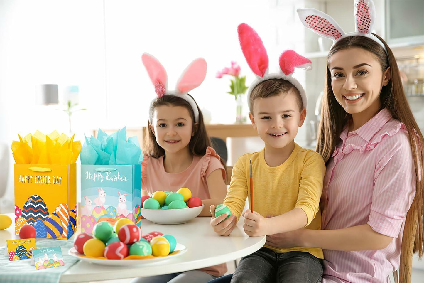 Ranfashiong 2Pcs 12.6" Easter Gift Bags Yellow Green Rabbit Eggs