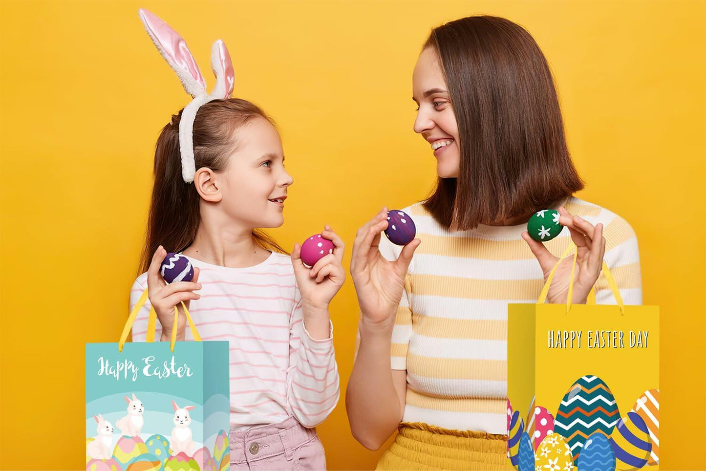 Ranfashiong 2Pcs 12.6" Easter Gift Bags Yellow Green Rabbit Eggs