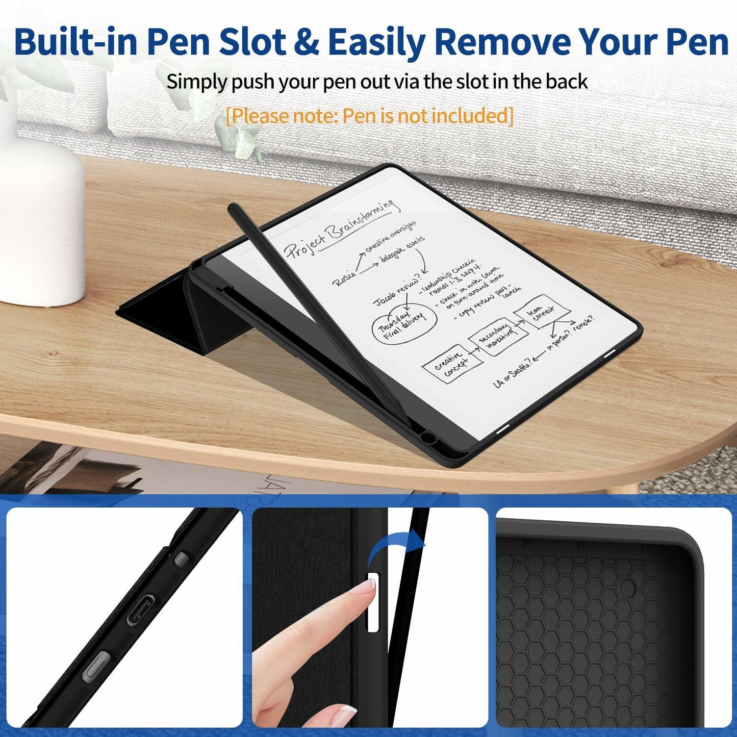 Sanyetral PU Leather Stand Cover Two Angles Pen Holder Auto Sleep/Wake Black