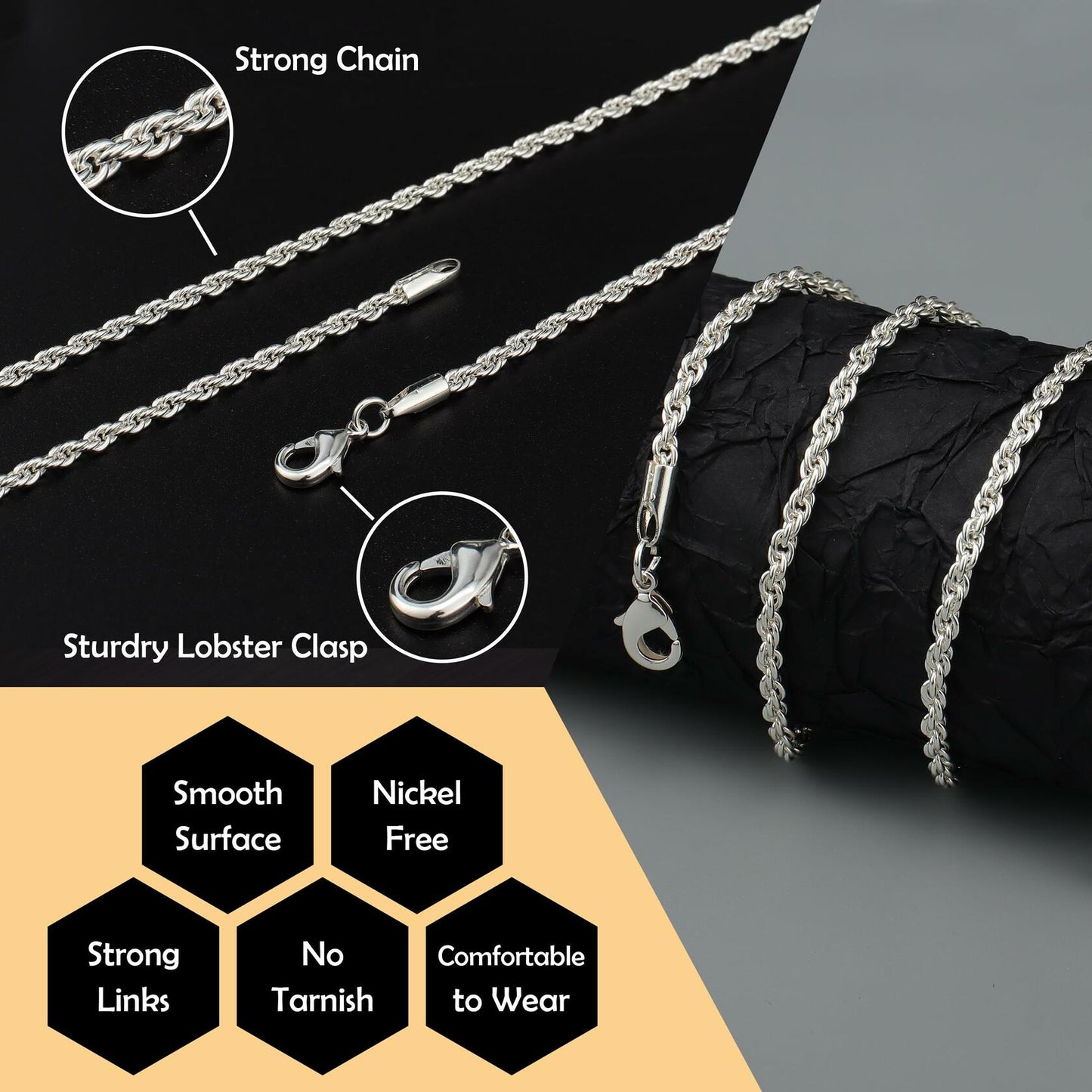 Reoxvo Stainless Steel Silver Rope Chain Necklace Men 22in 4mm