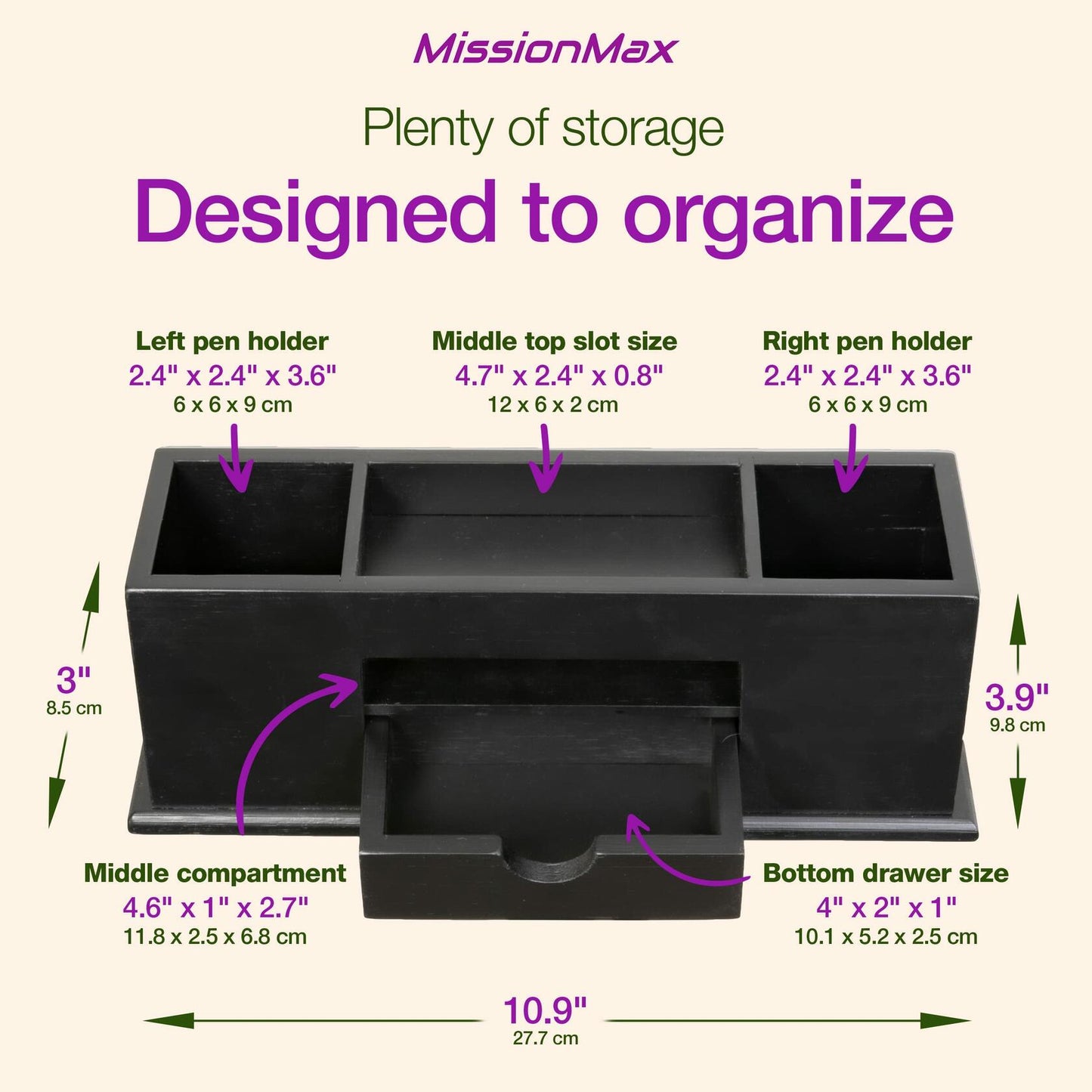 MissionMax Small Bamboo Black Desk Caddy Organizer with Drawer and Compartments