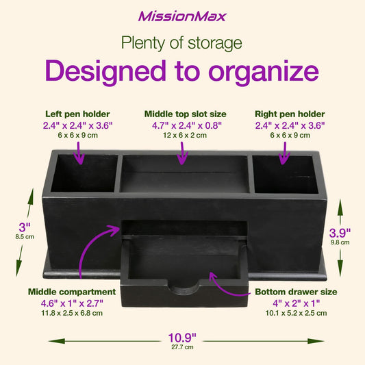 MissionMax Small Bamboo Black Desk Caddy Organizer with Drawer and Compartments