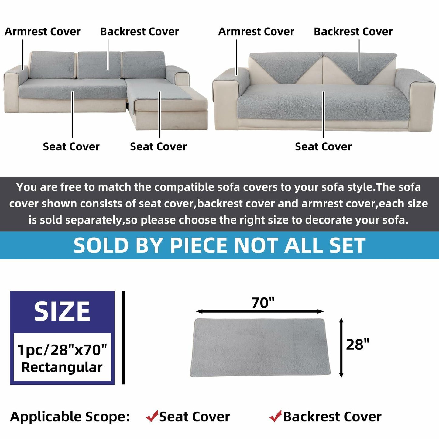 MELLYKORAN Sherpa Fleece Sectional Sofa Cover Non Slip Gray 28x70