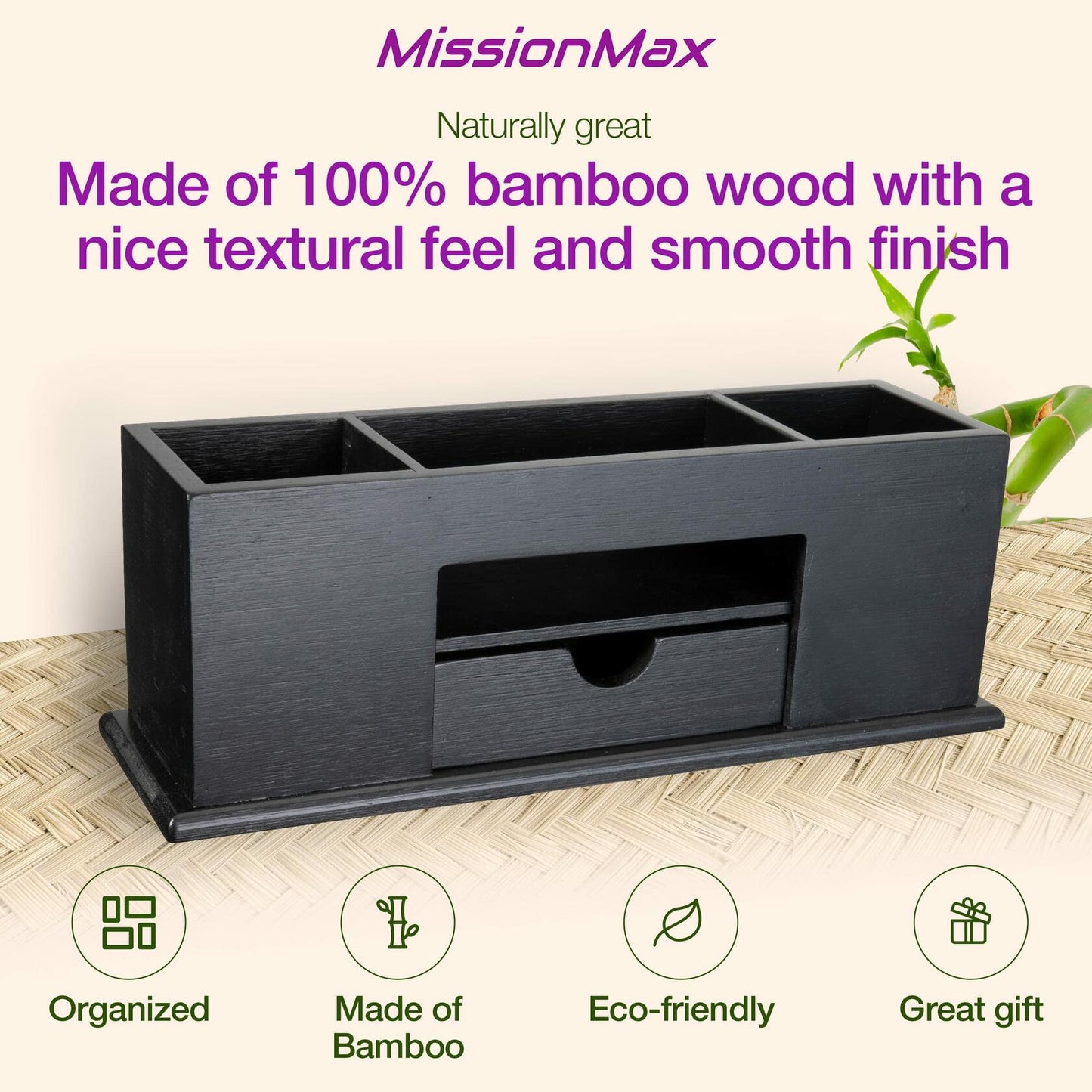 MissionMax Small Bamboo Black Desk Caddy Organizer with Drawer and Compartments