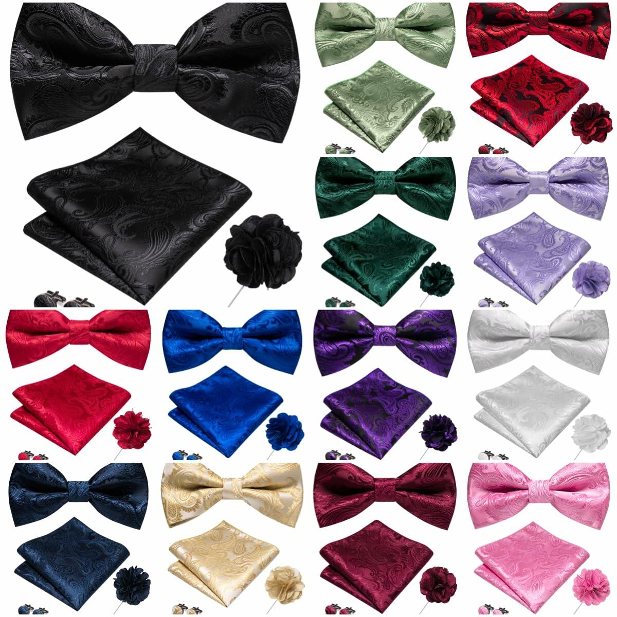 RBOCOTT Purple Paisley Bow Tie Pocket Square Lapel Pin Cufflinks Set