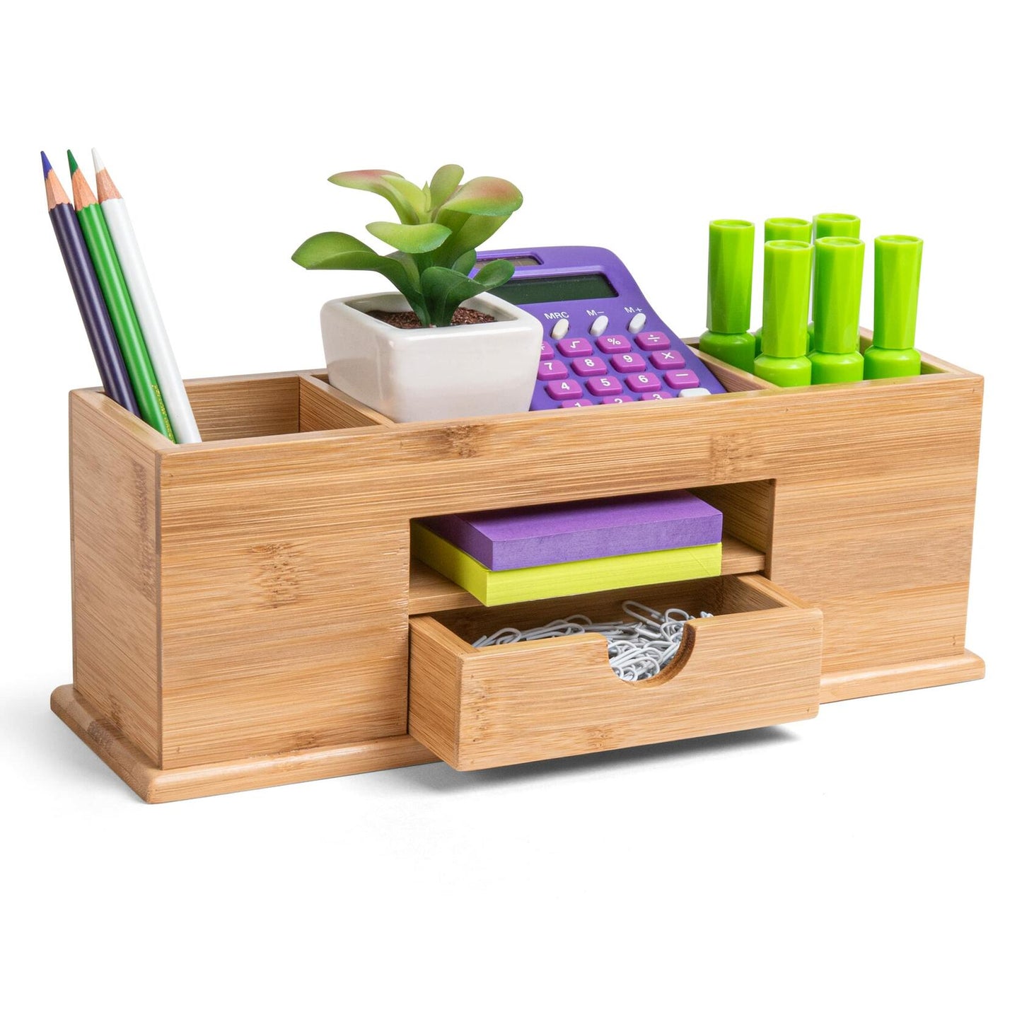 MissionMax Small Bamboo Black Desk Caddy Organizer with Drawer and Compartments