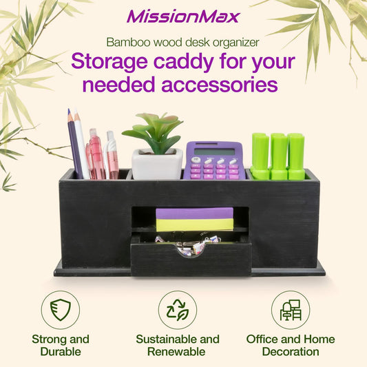 MissionMax Small Bamboo Black Desk Caddy Organizer with Drawer and Compartments