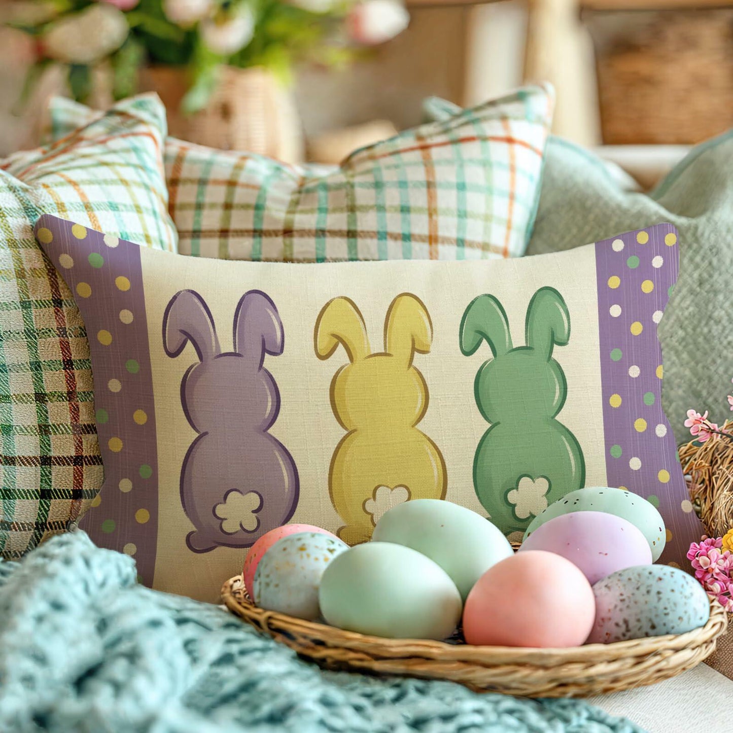 Fahrendom Easter Peeps Bunny Lumbar Pillow Case12x20 Purple Rabbit Cotton Linen