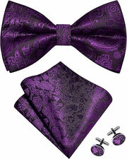 RBOCOTT Purple Paisley Bow Tie Pocket Square Lapel Pin Cufflinks Set