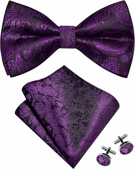 RBOCOTT Purple Paisley Bow Tie Pocket Square Lapel Pin Cufflinks Set