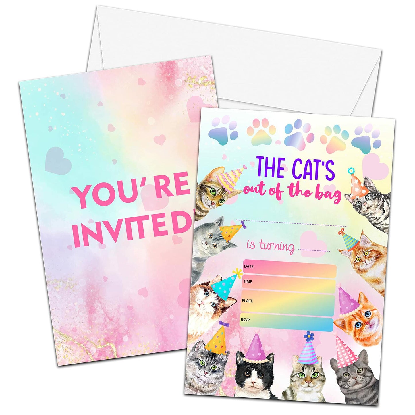 Preuf Cat Birthday Invitations 20 Cards + Envelopes Rainbow Paw-ty Double-Sided
