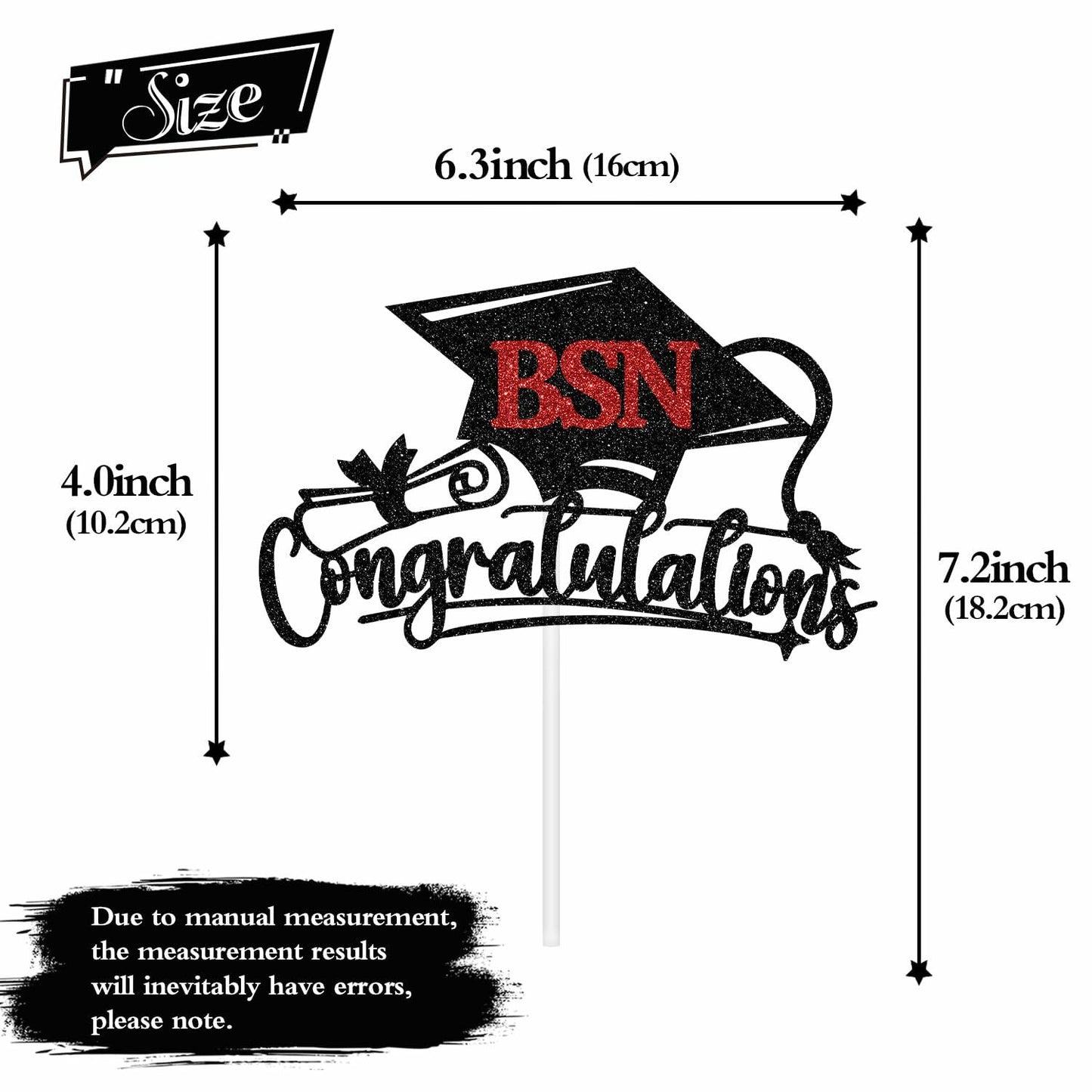 RLXPT Congratulations BSN Cake Topper Black Red Paper Nurse Grad 2025