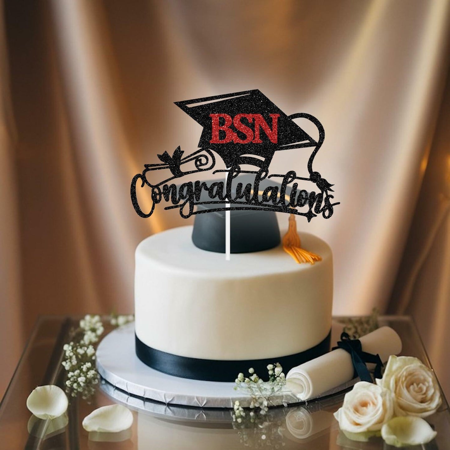 RLXPT Congratulations BSN Cake Topper Black Red Paper Nurse Grad 2025