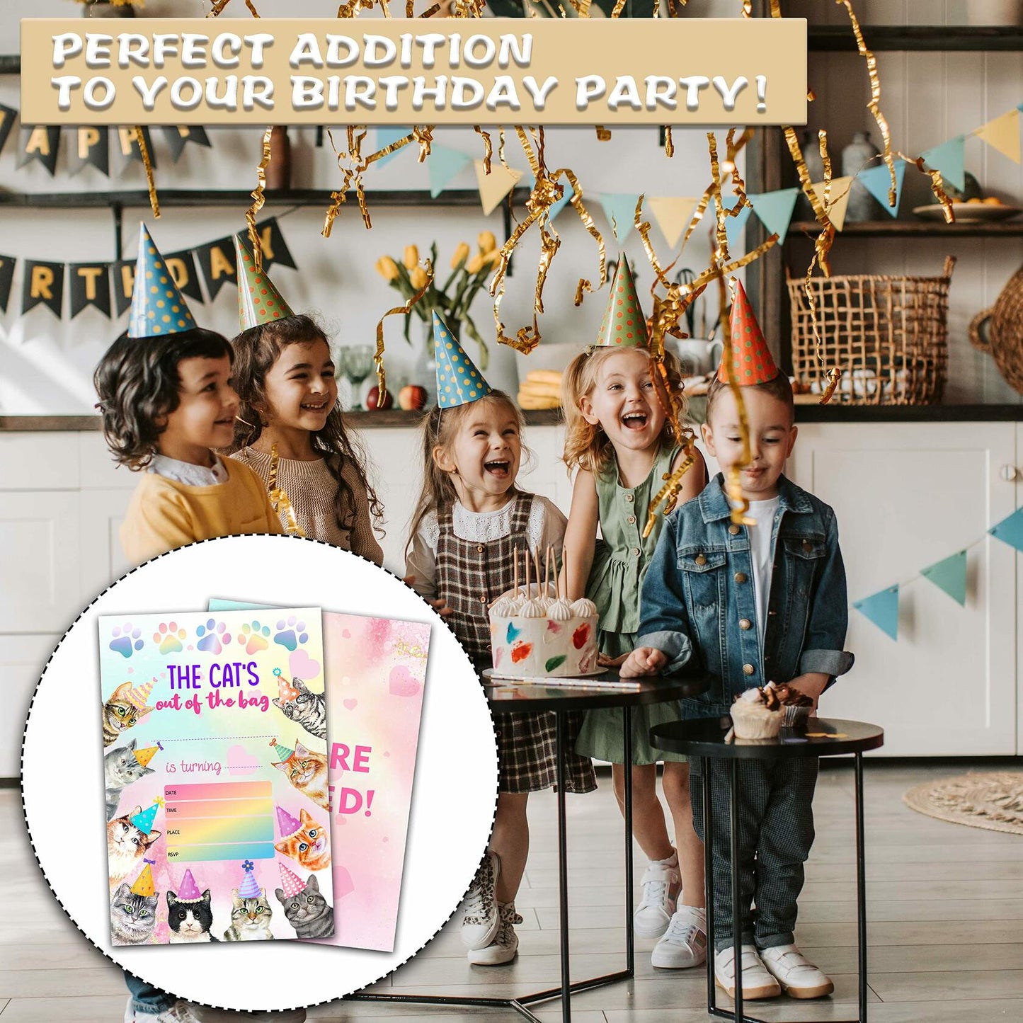 Preuf Cat Birthday Invitations 20 Cards + Envelopes Rainbow Paw-ty Double-Sided