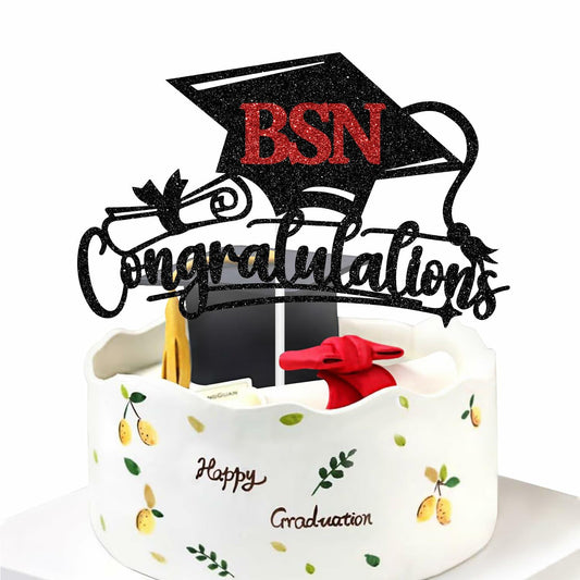 RLXPT Congratulations BSN Cake Topper Black Red Paper Nurse Grad 2025