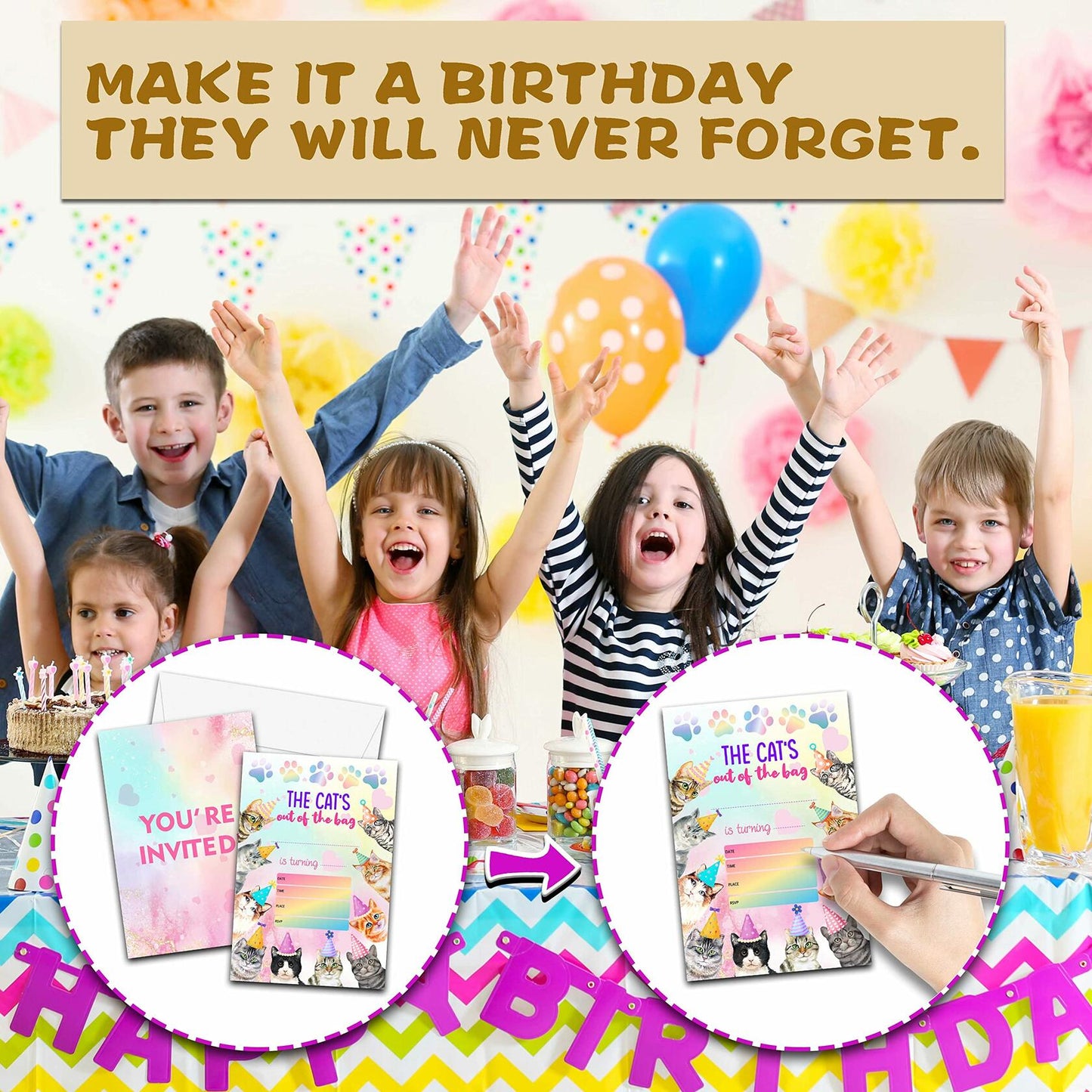 Preuf Cat Birthday Invitations 20 Cards + Envelopes Rainbow Paw-ty Double-Sided