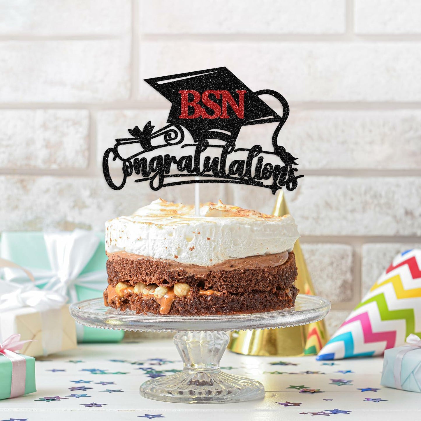 RLXPT Congratulations BSN Cake Topper Black Red Paper Nurse Grad 2025