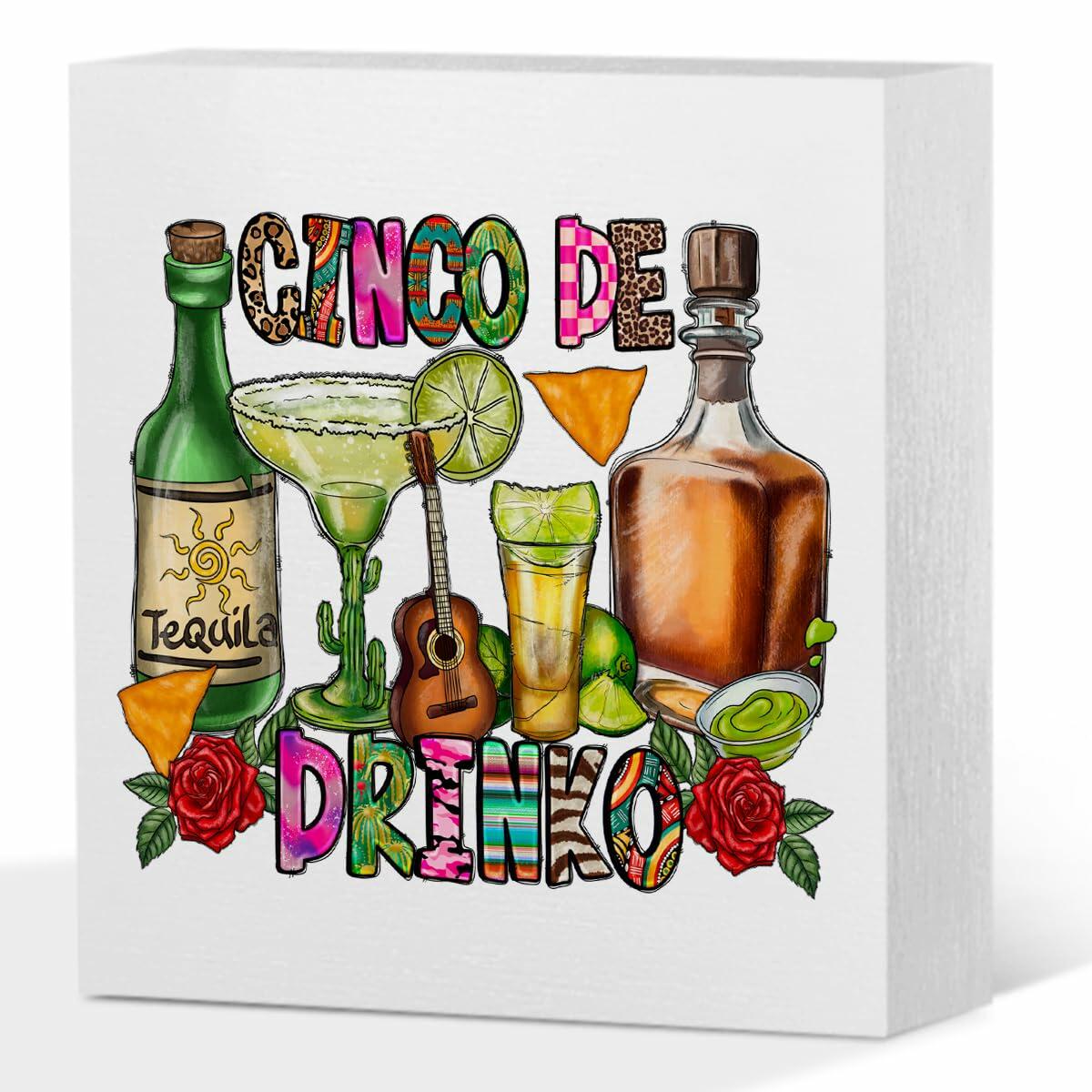 MIOOKISS Cinco De Mayo Rustic Mexican Wooden Box Sign 5x5 inch Cinco De Drinko