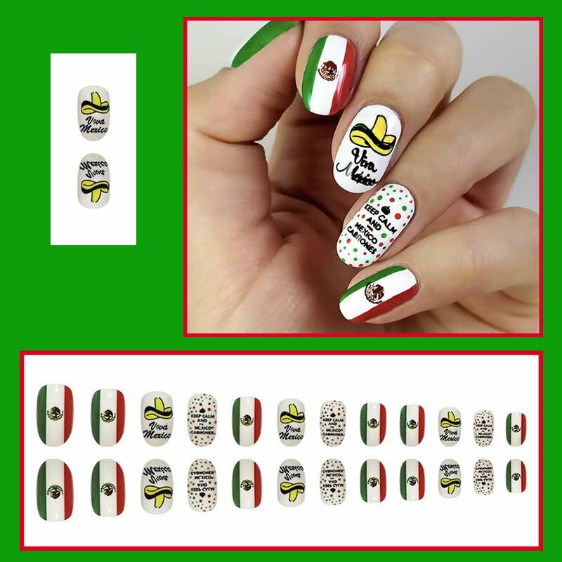 Mexican Press on Nails 24pcs Oval False Nails with Glue Flag Hat Design