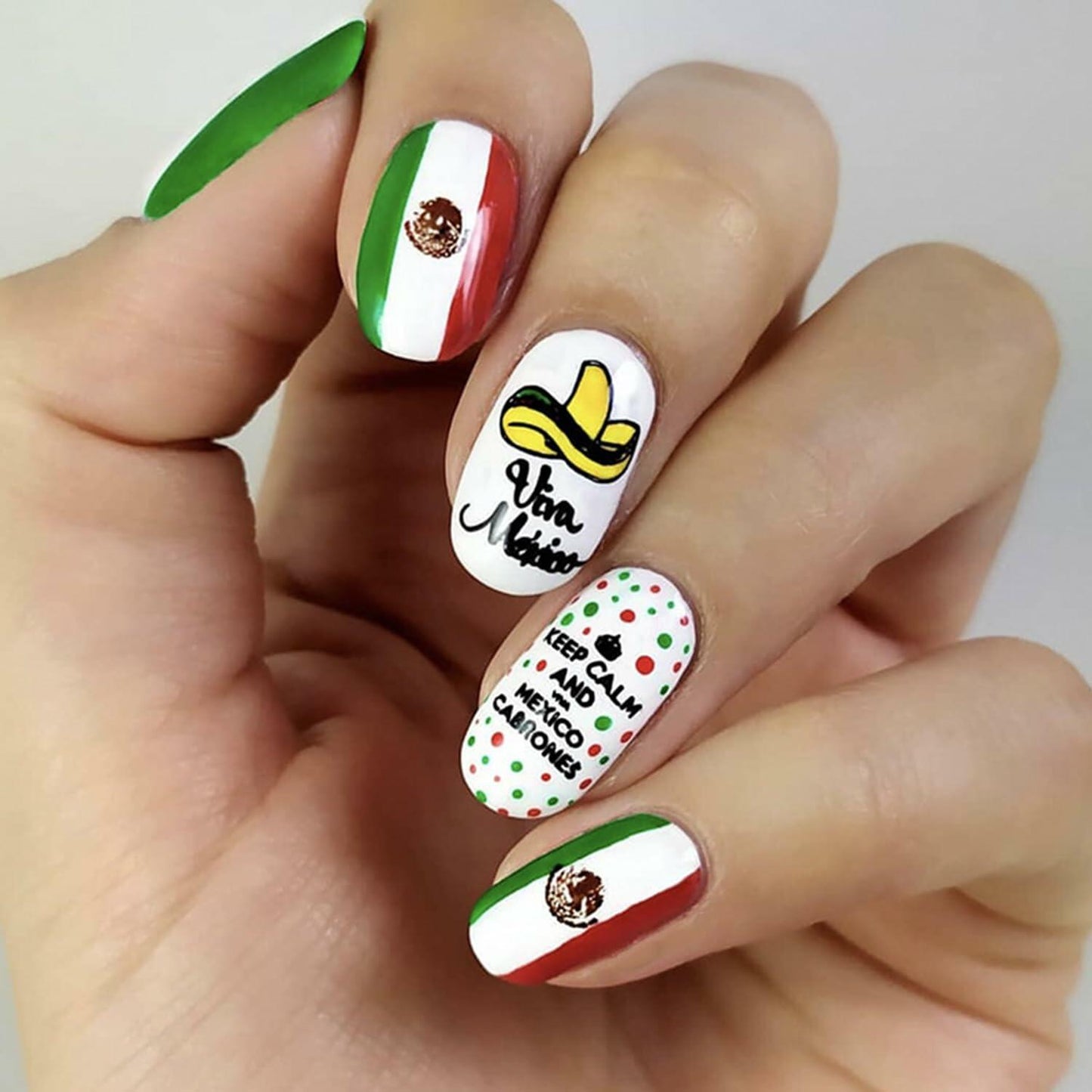 Mexican Press on Nails 24pcs Oval False Nails with Glue Flag Hat Design