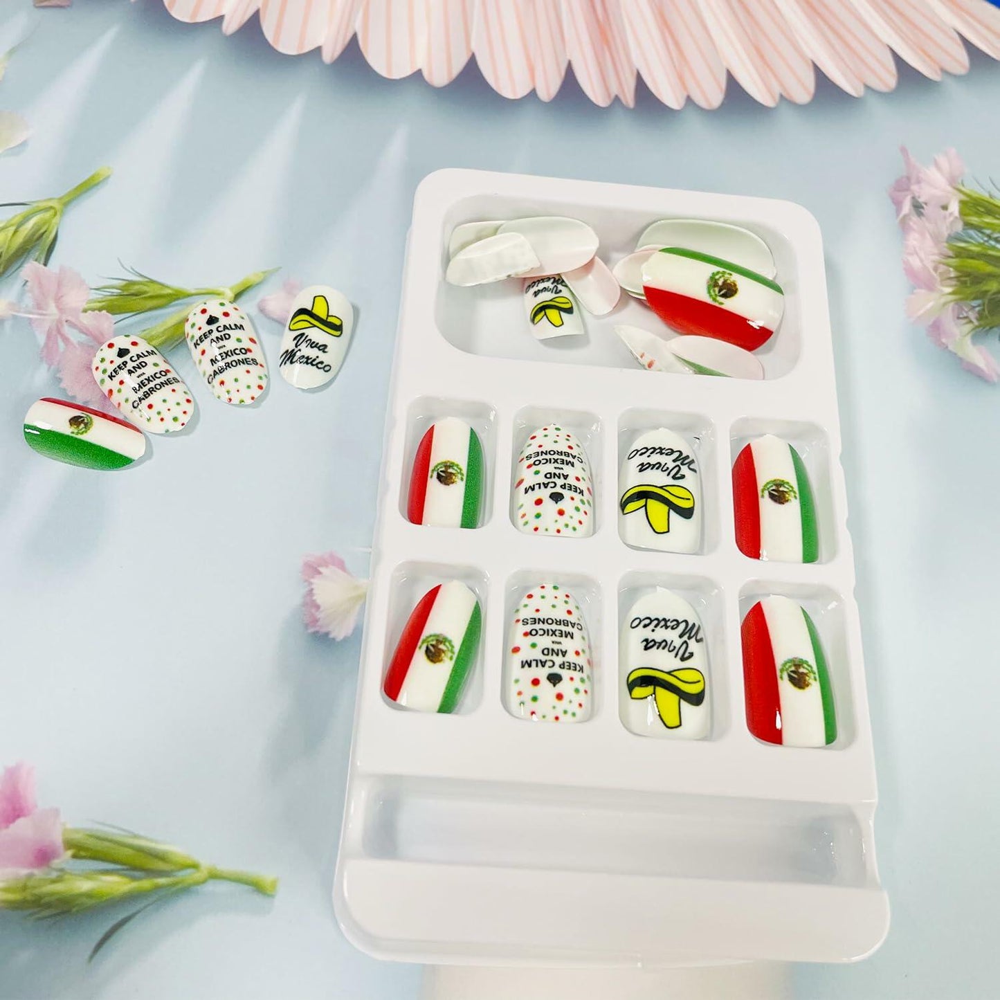 Mexican Press on Nails 24pcs Oval False Nails with Glue Flag Hat Design