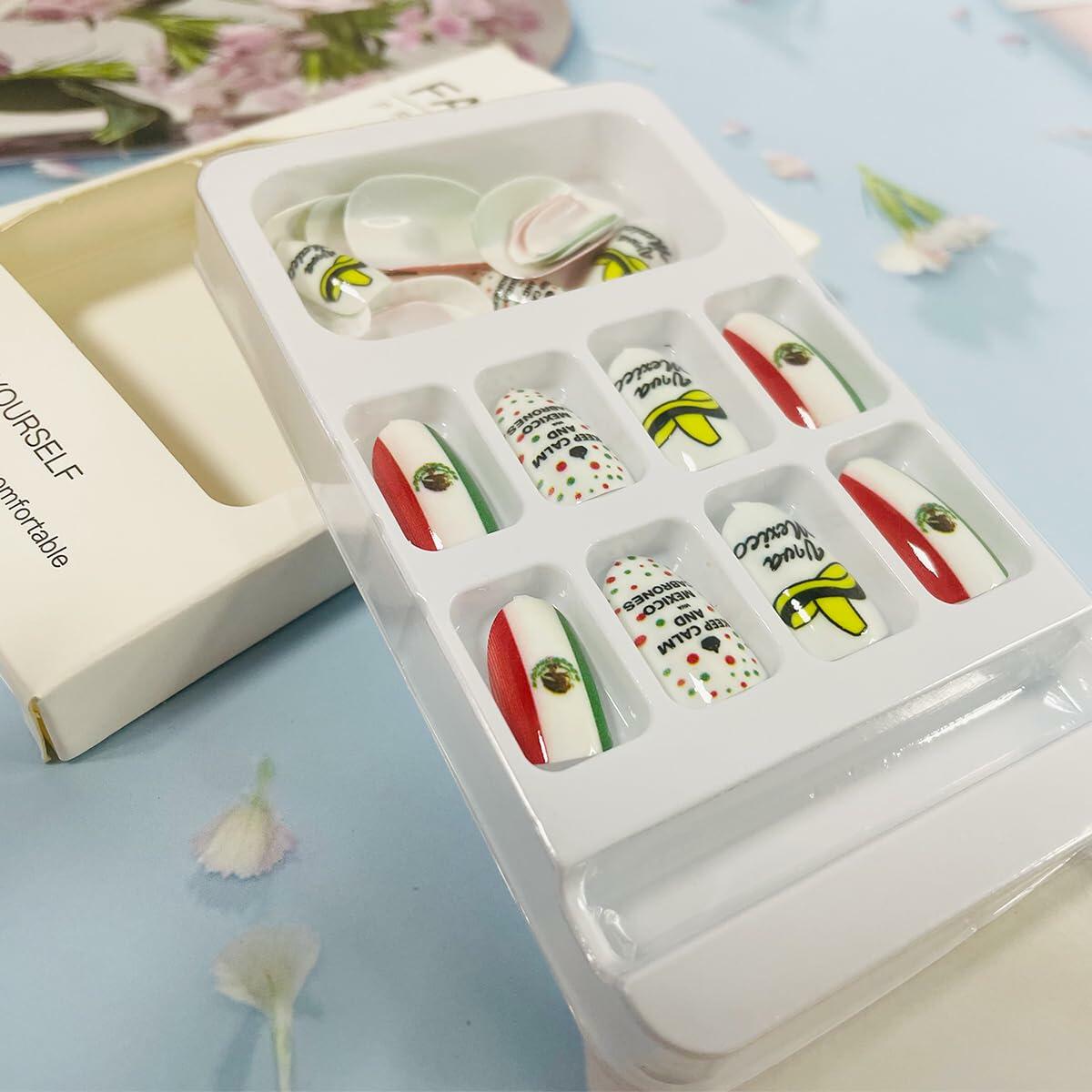 Mexican Press on Nails 24pcs Oval False Nails with Glue Flag Hat Design