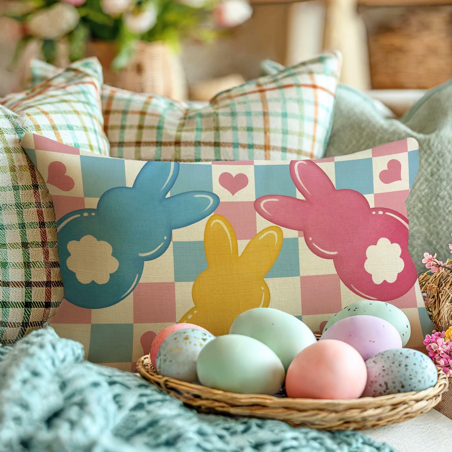 Fahrendom Easter Peeps Bunny Lumbar Pillow Cover 12x20 Colorful Rabbit