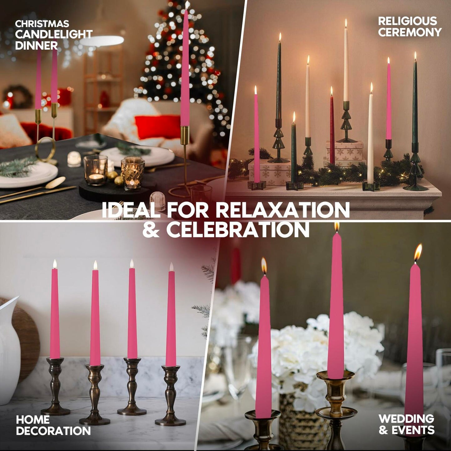 Hot Pink 10 Inch Taper Candles Pack of 12 Unscented Dripless Smokeless